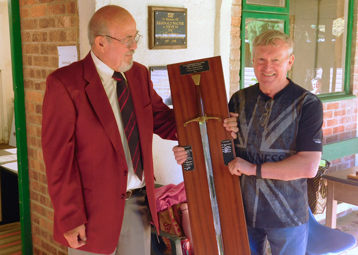 Photograph shows Richard Tilstone (pictured left), presenting the Wilkinson Sword to SSRA Secretary Alan Boyles (pictured right).