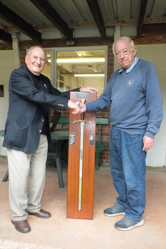 Photograph shows SSRA President - Mike B.P. Willcox (pictured left), presenting the Wilkinson Sword for 2024 to SSRA Trophies Secretary - Dave Bayley (pictured right).