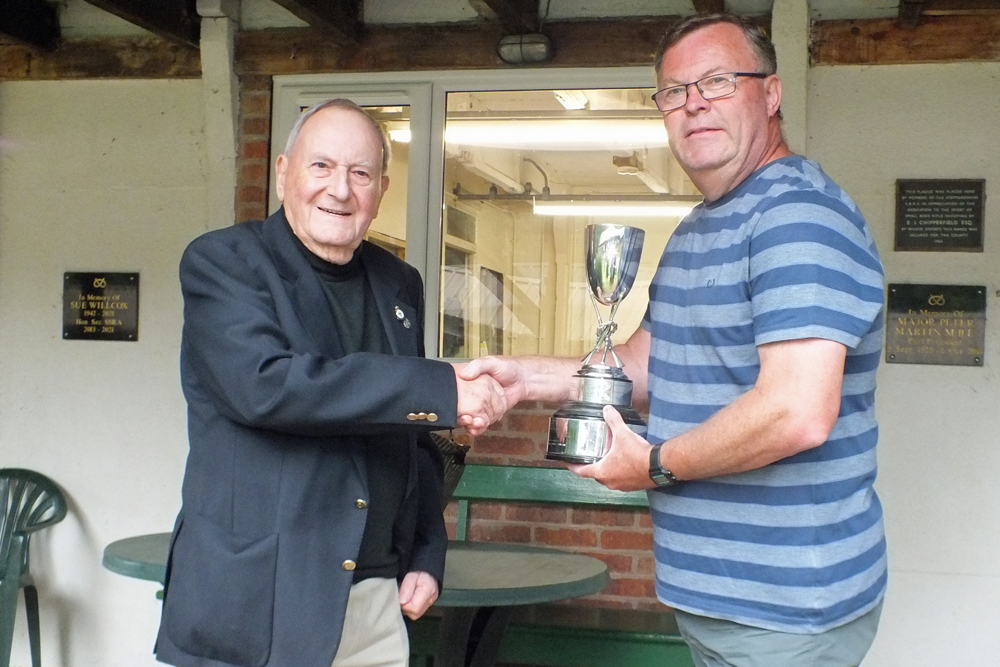 Photograph shows SSRA President - Mike B.P. Willcox (pictured left), presenting the Swynnerton Cup for 2024 to Dave Glover (pictured right).