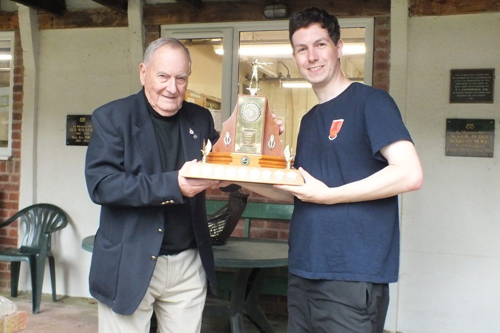 Photograph shows SSRA President - Mike B.P. Willcox (pictured left), presenting the 50 Metres Challenge Trophy for 2024 to Richard Hemingway (pictured right).