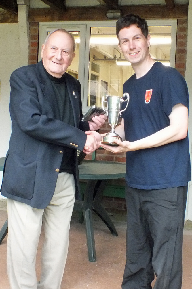 Photograph shows SSRA President - Mike B.P. Willcox (pictured left), presenting the Miniature Rifle Challenge Cup for 2024 to Richard Hemingway (pictured right).