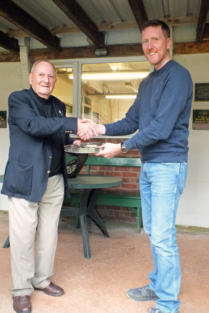 The above photograph shows SSRA President - Mike B.P. Willcox (pictured left), presenting the 'Come Day - Go Day' Salver to Staffordshire Open Champion for 2024 - Simon Green (pictured right).