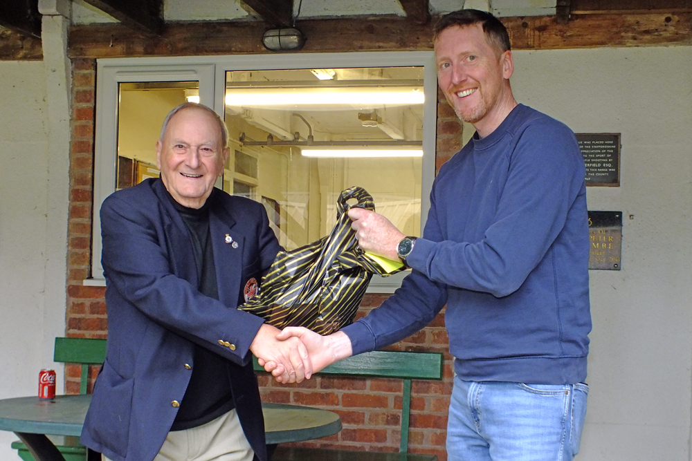 Photograph shows SSRA President - Mike B.P. Willcox (pictured left), presenting the Staffordshire Open - Class A 1st Place Prize to Simon Green (pictured right).