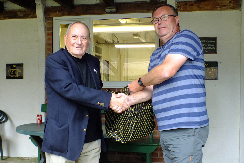 Photograph shows SSRA President - Mike B.P. Willcox (pictured left), presenting the Staffordshire Open - Class B 2nd Place Prize to Dave Glover (pictured right).