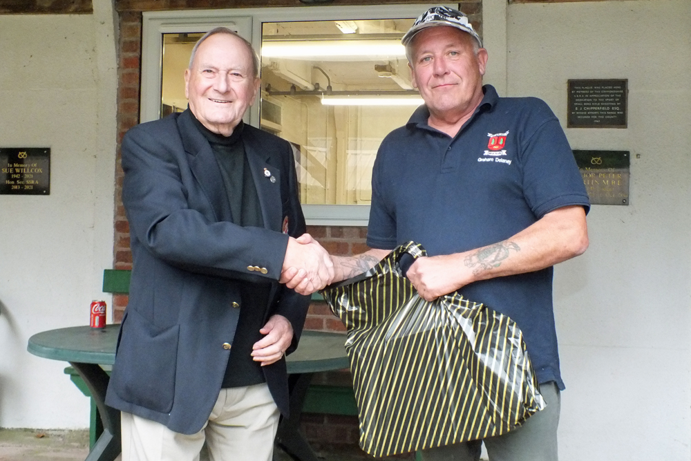 Photograph shows SSRA President - Mike B.P. Willcox (pictured left), presenting the Staffordshire Open - Class C 1st Place Prize to Graham Delaney (pictured right).