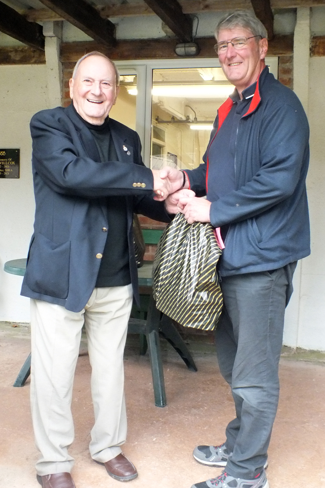 Photograph shows SSRA President - Mike B.P. Willcox (pictured left), presenting the Staffordshire Open - Top Veteran Prize to Neil Almond (pictured right).