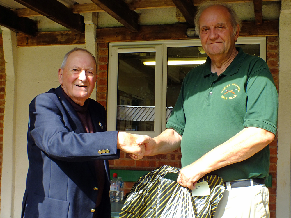 Photograph shows SSRA President - Mike B.P. Willcox (pictured left), presenting the Staffordshire Open - Class B - 2nd Place Prize for 2025 to Bob Heath (pictured right).