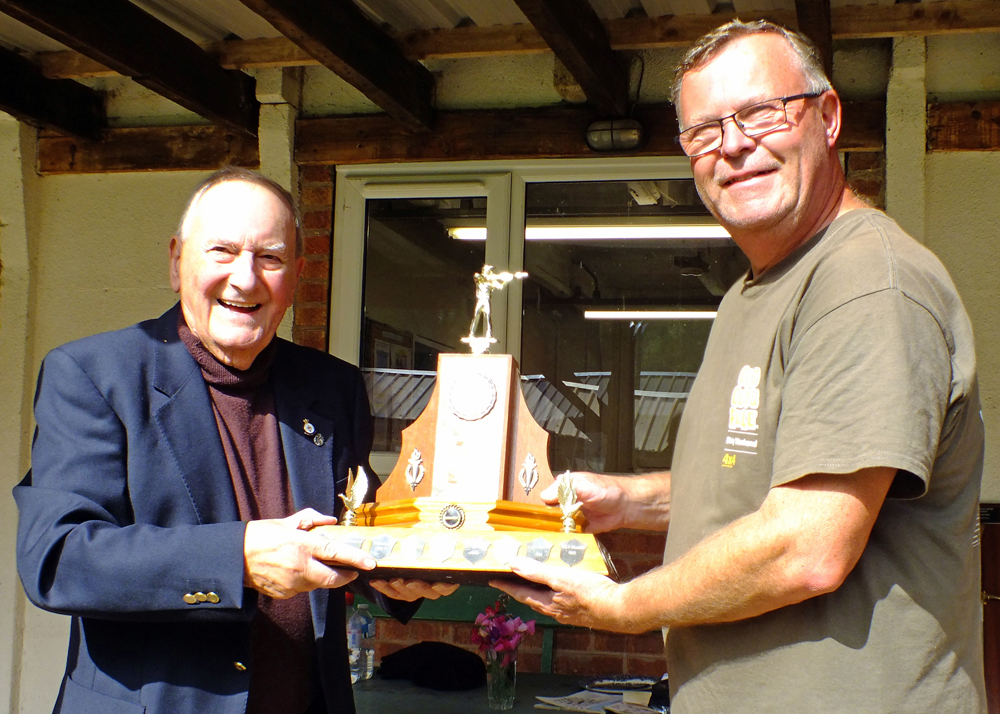 Photograph shows SSRA President - Mike B.P. Willcox (pictured left), presenting the 50 Metres Challenge Trophy for 2025 to Dave Glover (pictured right).