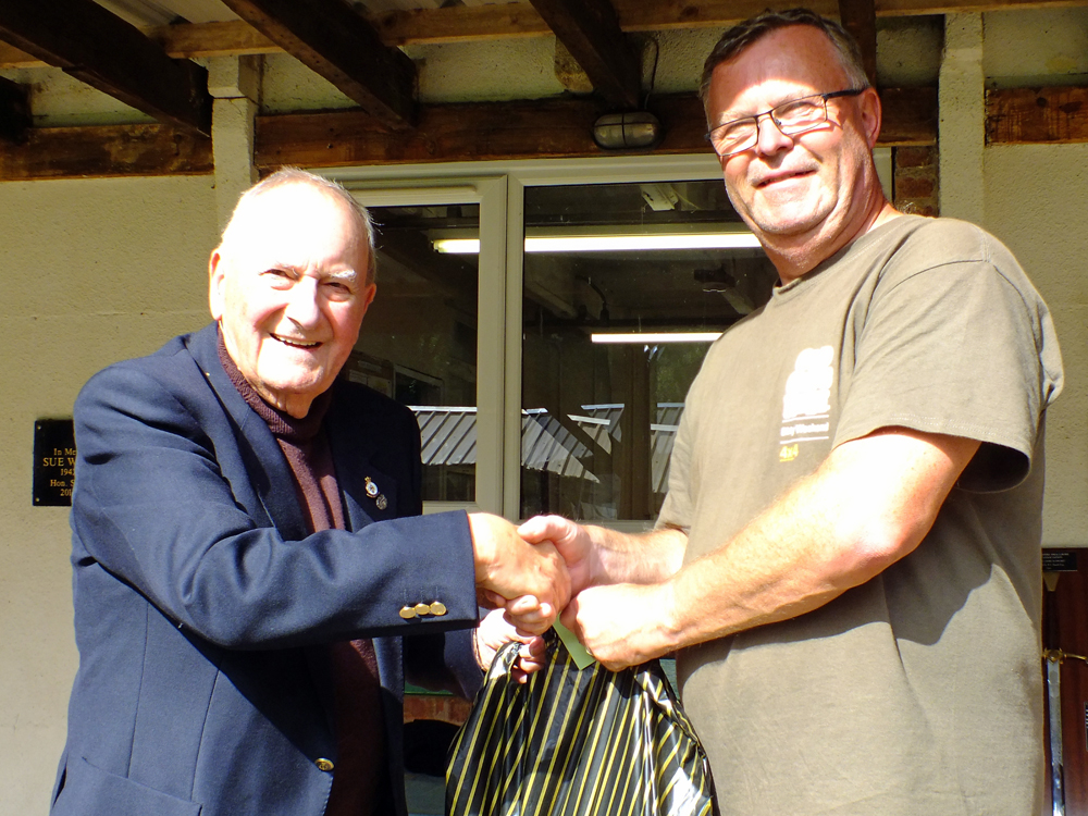 Photograph shows SSRA President - Mike B.P. Willcox (pictured left), presenting the Staffordshire Open - Class A - 2nd Place Prize for 2025 to Dave Glover (pictured right).