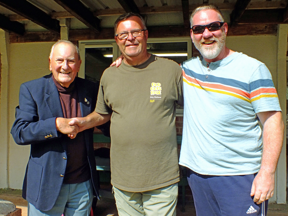 Photograph shows SSRA President - Mike B.P. Willcox (pictured left), presenting the Pairs - 1st Place Prize for 2025 to Martyn Buttery (pictured centre) and Dave Glover (pictured right).