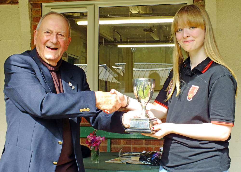Photograph shows SSRA President - Mike B.P. Willcox (pictured left), presenting the Mrs. C. Everall Cup for 2025 to Phoebe Houghton (pictured right).