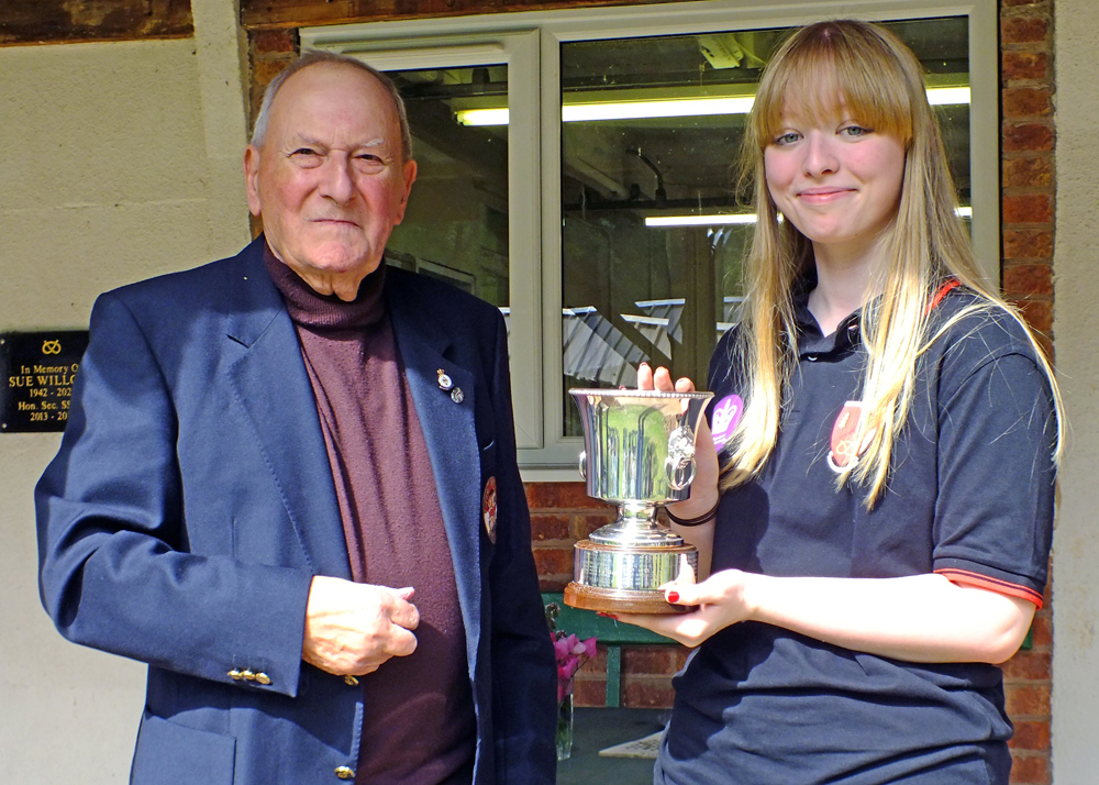 Photograph shows SSRA President - Mike B.P. Willcox (pictured left), presenting the Whitmore Cup for 2025 to Phoebe Houghton (pictured right).