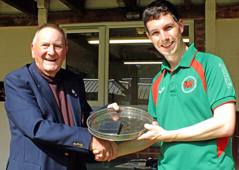 Photograph shows SSRA President - Mike B.P. Willcox (pictured left), presenting the 'Come Day - Go Day' Salver to Staffordshire Open Champion for 2025 - Richard Hemingway (pictured right).