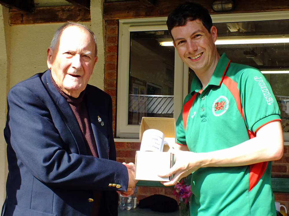 Photograph shows SSRA President - Mike B.P. Willcox (pictured left), presenting the English Match - 3rd Place Prize for 2025 to Richard Hemingway (pictured right).