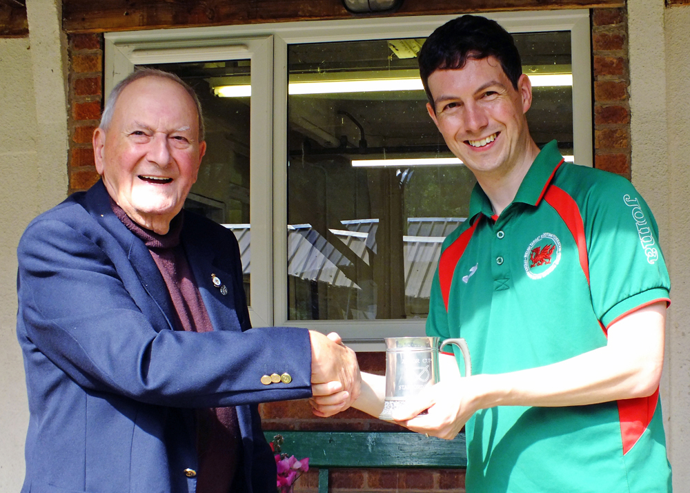 Photograph shows SSRA President - Mike B.P. Willcox (pictured left), presenting the Astor Tankard for 2025 to Richard Hemingway (pictured right) .  Richard recieved the award on behalf of Rugeley Rifle Club.
