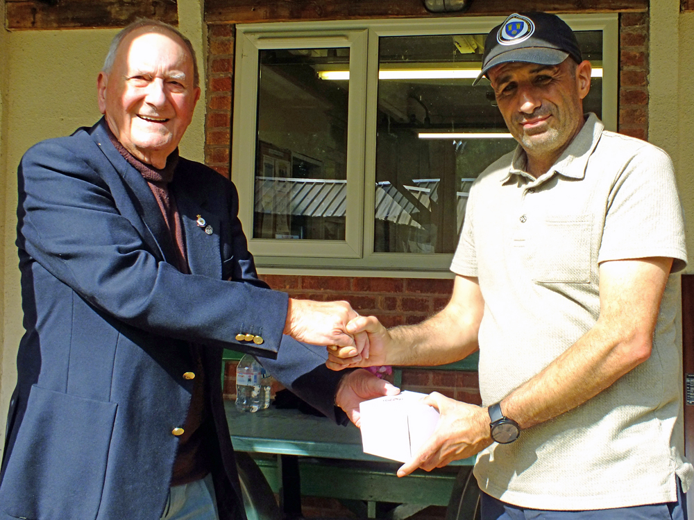 Photograph shows SSRA President - Mike B.P. Willcox (pictured left), presenting the Staffordshire Open - Top Veteran Prize to Kosta Loukas (pictured right).  Kosta received the award on behalf of Steve Rowe.