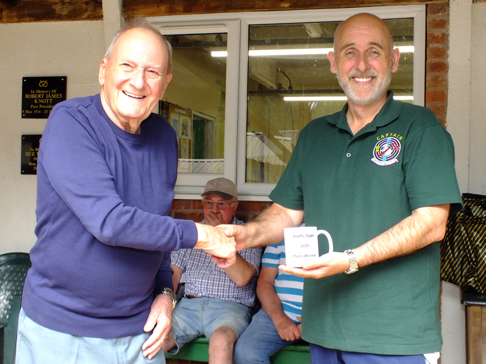 Photograph shows SSRA President - Mike B.P. Willcox (pictured left), presenting the Open Pairs - 1st Place Prize for 2026 to Gavin Scott-Brooker (pictured right) who received the prize on behalf of Appleton Rifle Club.