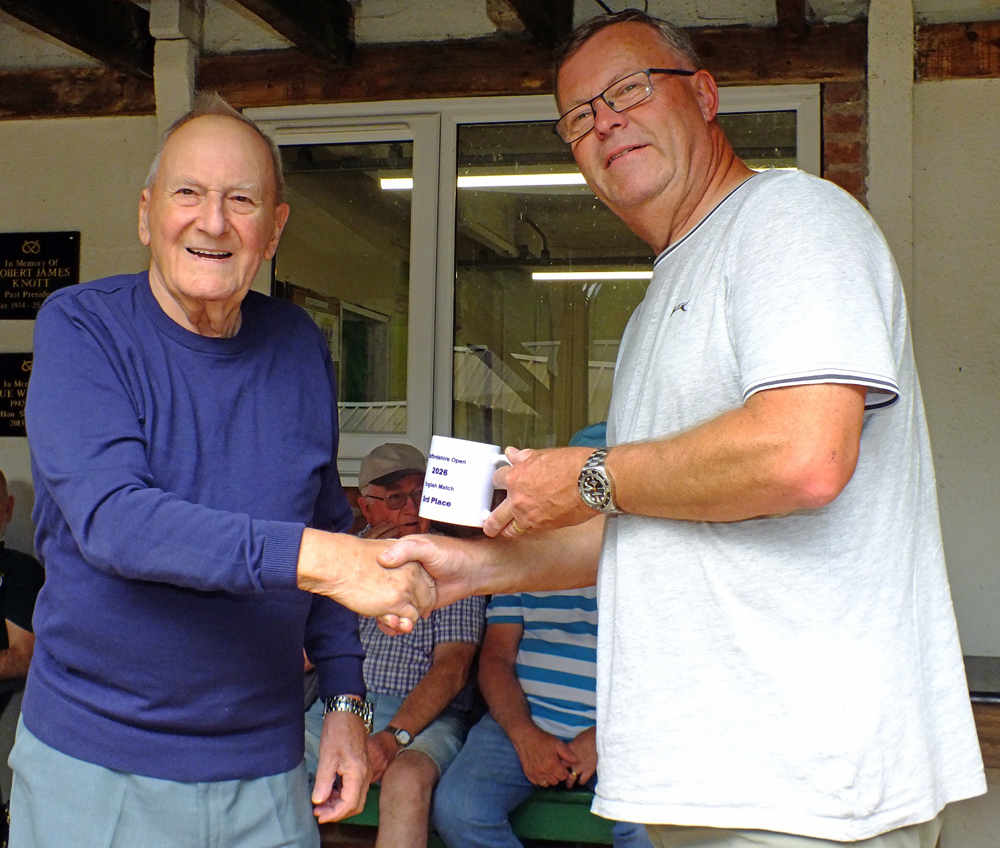 Photograph shows SSRA President - Mike B.P. Willcox (pictured left), presenting the English Match - 3rd Place Prize for 2026 to Dave Glover (pictured right).