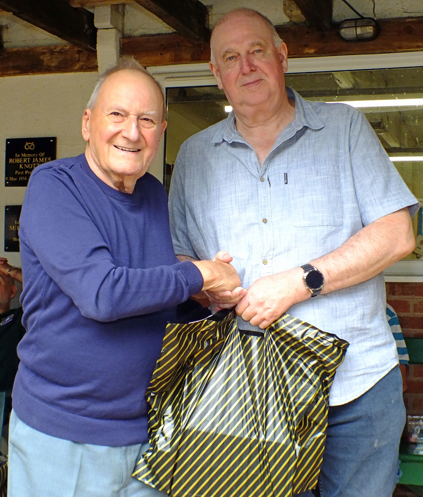 Photograph shows SSRA President - Mike B.P. Willcox (pictured left), presenting the Staffordshire Open - Top Veteran Prize for 2026 to Ivor Leigh (pictured right).