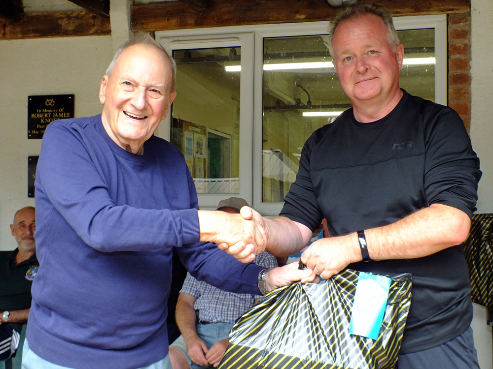Photograph shows SSRA President - Mike B.P. Willcox (pictured left), presenting the Staffordshire Open - Class B - 1st Place Prize for 2026 to John Haverty (pictured right).