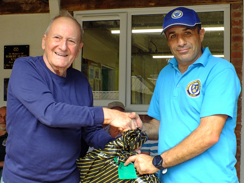Photograph shows SSRA President - Mike B.P. Willcox (pictured left), presenting the Staffordshire Open - Class A - 2nd Place Prize for 2026 to Kosta Loukas (pictured right).