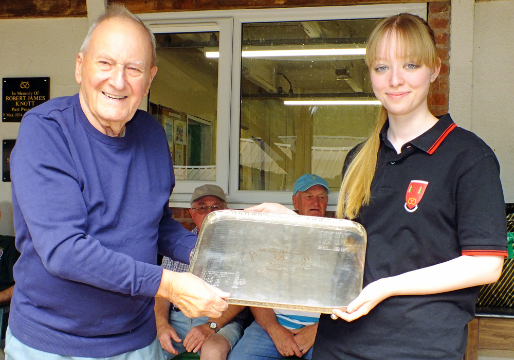 Photograph shows SSRA President - Mike B.P. Willcox (pictured left), presenting the James Beattie Tray for 2026 to Phoebe Houghton (pictured right).