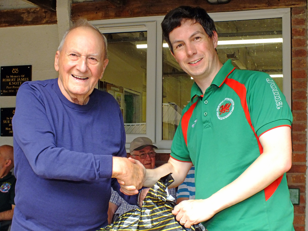 Photograph shows SSRA President - Mike B.P. Willcox (pictured left), presenting the Staffordshire Open - Class A - 3rd Place Prize for 2026 to Richard Hemingway (pictured right).