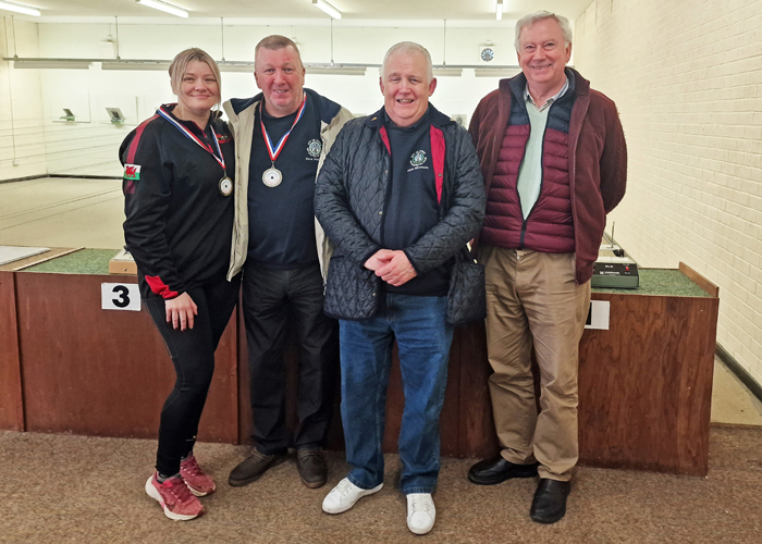 Photograph shows members of the City of Stoke Rifle and Pistol Club, pictured left to right, Steph Reynolds, David Walker, Alan Whitmore, Gary Comer, relaxing after the Swadlincote Rifle and Pistol Club - Open Airgun Competition 2/3 March 2024.
