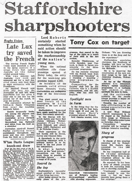 Picture shows a newspaper article 'Staffordshire Sharpshooters - By Tony Cox – On Target' Wolverhampton Express and Star Newspaper – Possibly Late 1960's or Early 1970's.