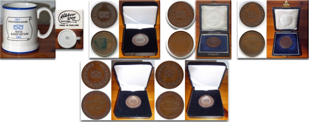 The above photographic montage shows a selection of Staffordshire County Association Medals, and a ceramic Staffordshire Rifle Association Centenary Mug.