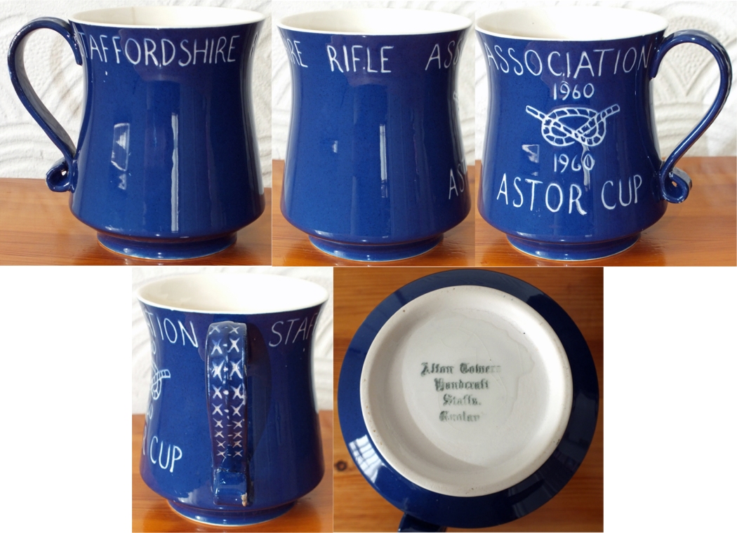 Photograph shows multiple views of the ceramic Staffordshire Rifle Association Astor Cup 1960.
